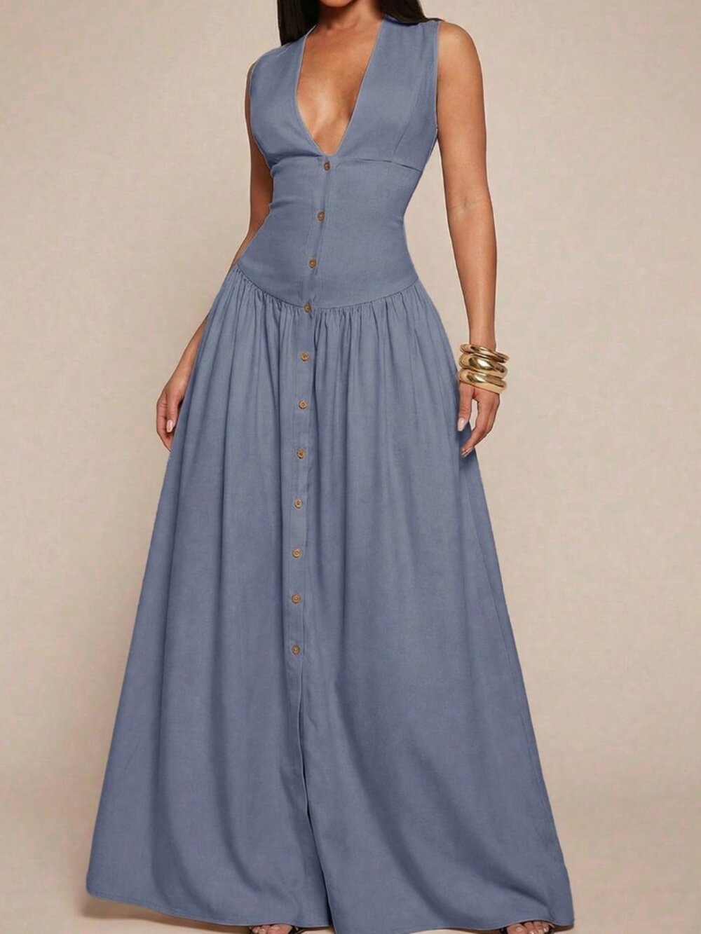 Blue Elegant Women's V-Neck Sleeveless Waist Cinched Button Front Shirt Dress - Picture 6 of 6